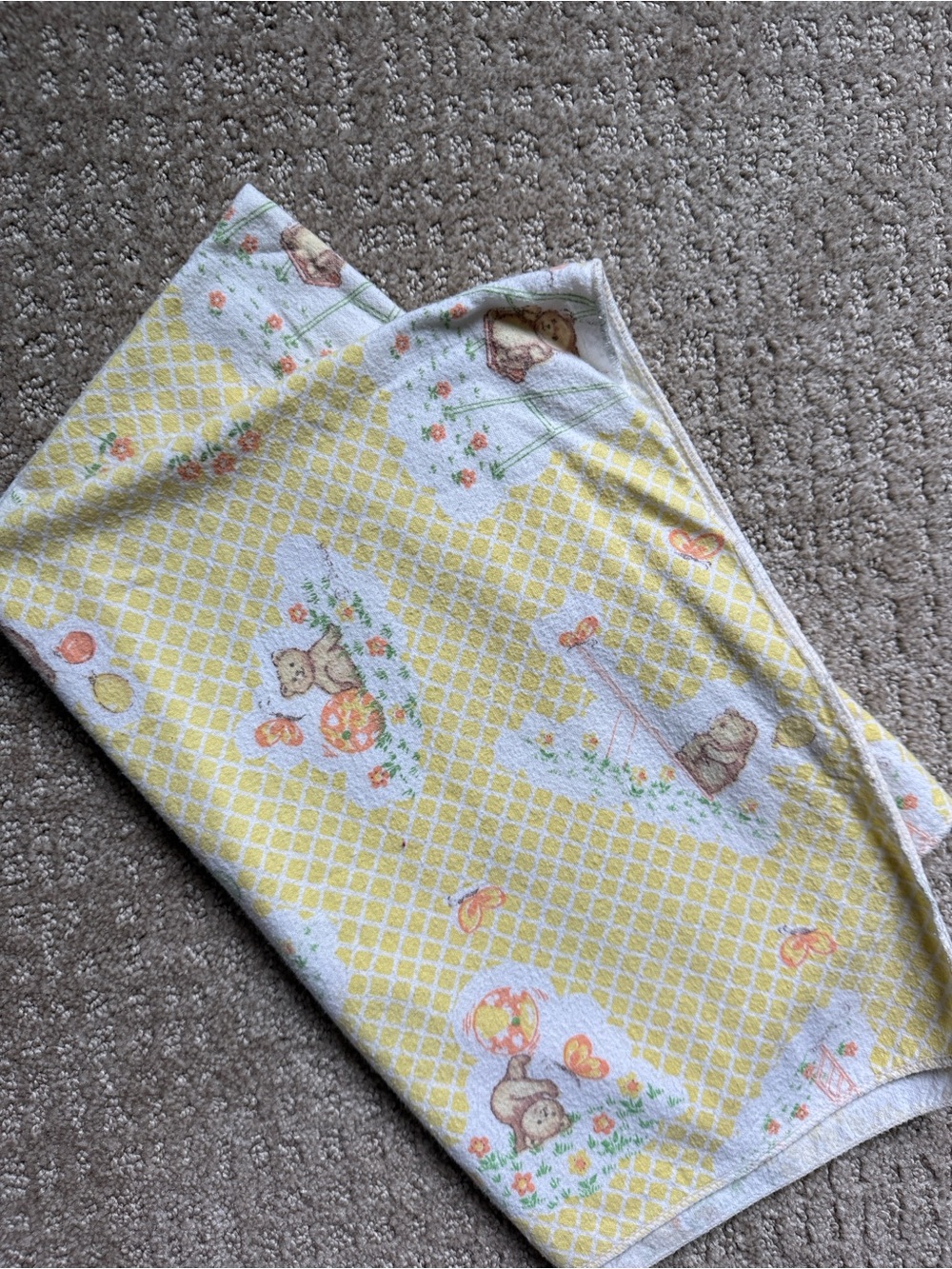 Vintage 1985 Teddy Bear Receiving Blanket 30x40 Yellow Plaid Cotton Baby Blanket